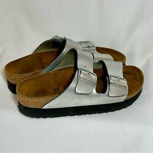 Platform Birkenstock Papillio Silver Metallic Slides Footbed Sandals 38